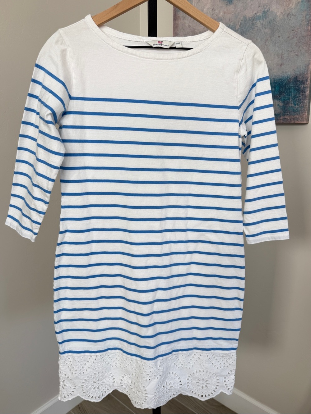 Vineyard Vines Lace Hem Dress Womens Extra Small Blue White Striped Cotton